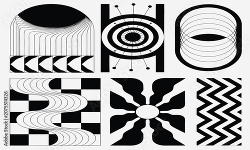 Geometric Abstract Patterns Set of Six Monochrome Designs with Spirals, Checkers, Sunburst and Chevrons for Graphic Use