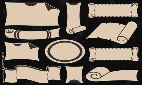 Vintage-Style Parchment Paper Designs with Rolled Edges and Scrolls on Black Background Featuring Design, Scroll, Illustration