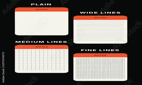 Notebook Pages Set of Four with Ruled Formats Plain Wide Lined Medium Lined and Fine Gridded Lines for Writing Concept