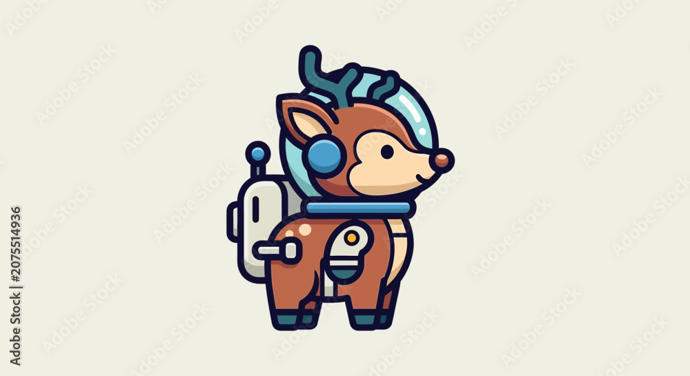 Fototapeta premium A cartoon deer wearing a spacesuit and helmet stands on a snowy landscape.