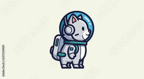 Tableau sur toile A cartoon cat astronaut wearing a helmet stands on a planet.