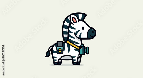 Photography A cartoon zebra wears backpack and binoculars standing outside.