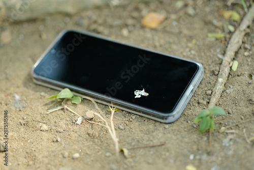 Bird dropping on a smartphone screen. Bird poop stain on dirty smartphone screen. Dirty smartphone screen with bird droppings