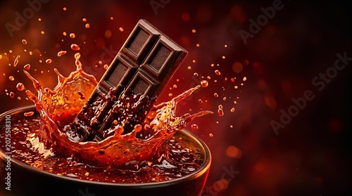 Dark Chocolate Bar Splashing Into Liquid Chocolate Bowl for Food Advertising and Dessert Culinary Promotion Photography