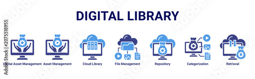 Obraz na plátně Digital Library web banner icon vector illustration with icons of Digital Asset