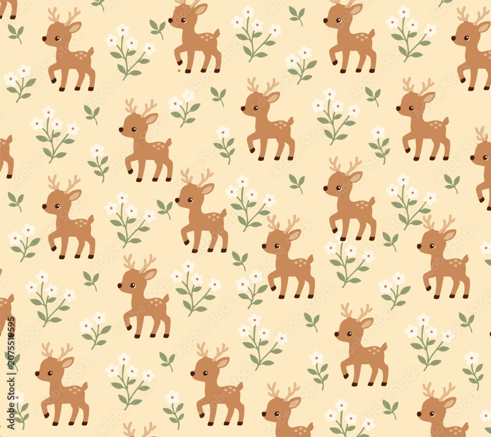 Fototapeta premium Cute Baby Deer and Floral Seamless Background Pattern with Woodland Animals, Delicate Wildflowers and Charming Nursery Style Illustration