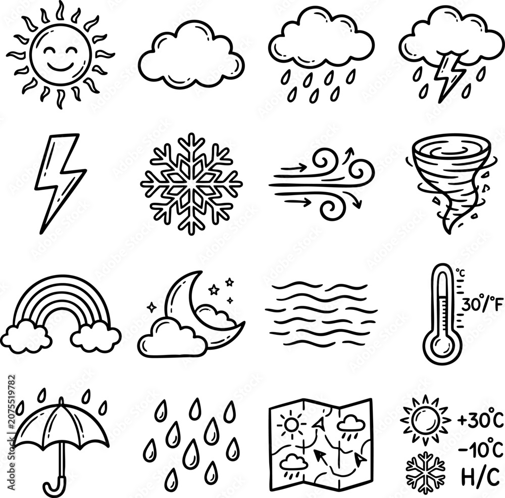 Fototapeta premium Doodle style weather and climate forecast icons set with forecast lightning snowflake temperature