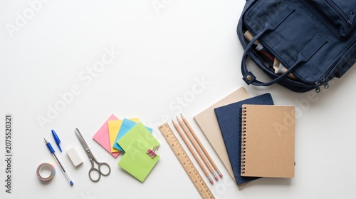 Back to School Essentials: A collection of essential school supplies, including pens, scissors, sticky notes, and notebooks, are neatly arranged next to a backpack, ready for the academic year.