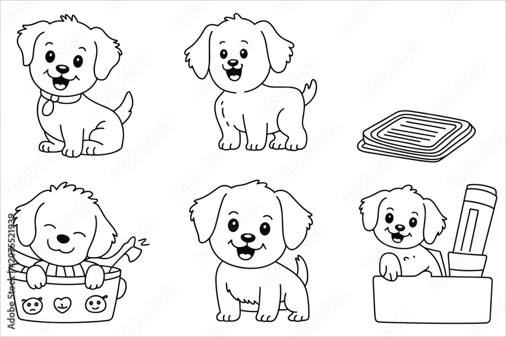 Obraz premium Set of cute hand drawn puppy dog doodle in various poses including sitting, standing, and playing in a basket on white background