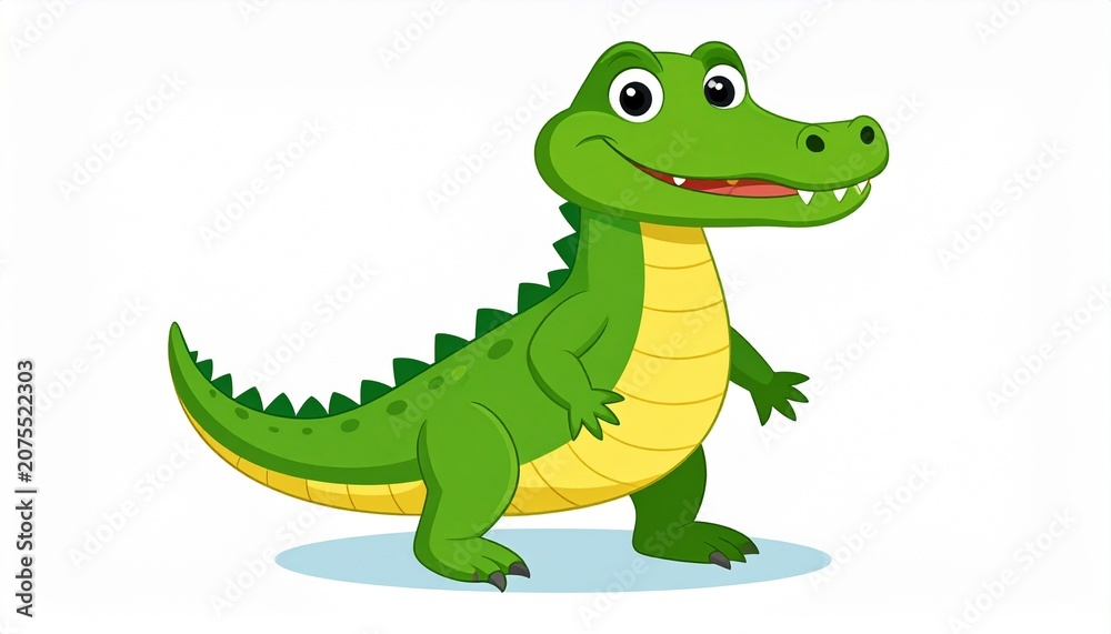 Fototapeta premium A cute green crocodile character standing in a friendly pose isolated on a white background for children books and educational designs.