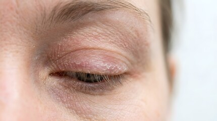 Close up of dry flaky skin on female eyelid showing signs of dermatitis or skin condition.