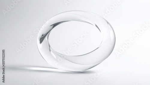 A sophisticated abstract sculpture of a transparent glass mobius strip representing infinity and modern elegance isolated on white background.
