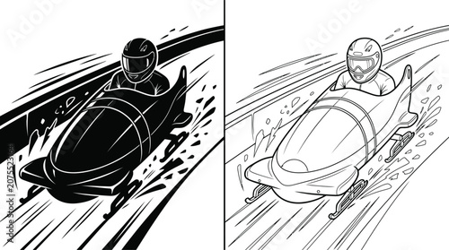 Foto Bobsleigh Black and White Illustration of an Athlete on a Sled Sliding on an Ice