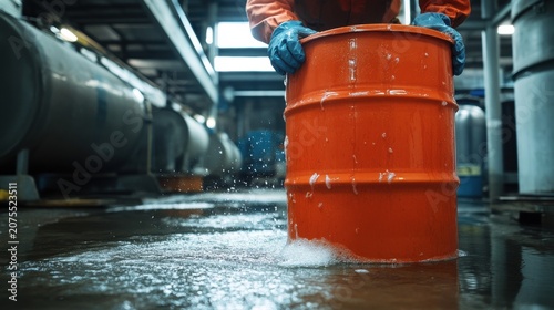 Person handling orange chemical drum with leakage on floor