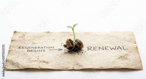 Small green sprout emerging from cracked seed on textured paper
