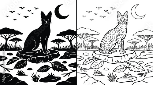 Photography Cat Wild in the Jungle at Night, with Two Styles Showcasing a Black Silhouette and Outlined Version
