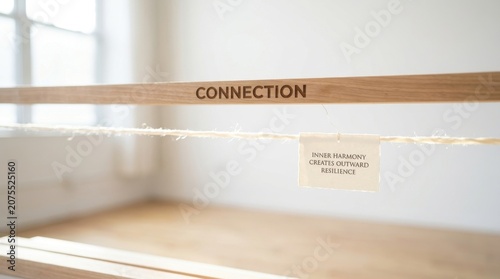 Wooden beam displays the word connection on a string tag