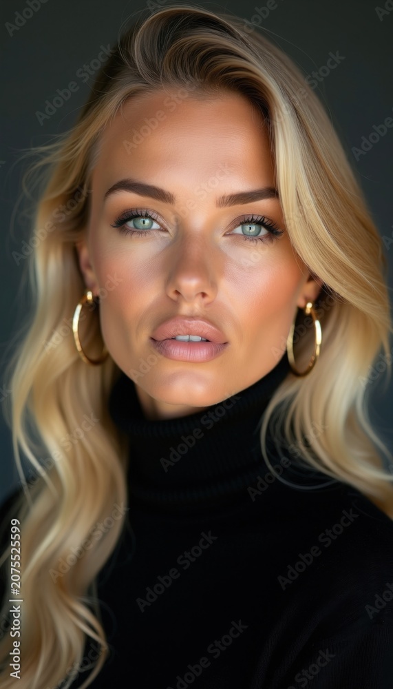 Naklejka premium Blonde woman with blue eyes, hoop earrings looks directly into camera. She wears black turtleneck, warm makeup. Studio close-up focuses on her face, shoulders. Soft lighting enhances her features.