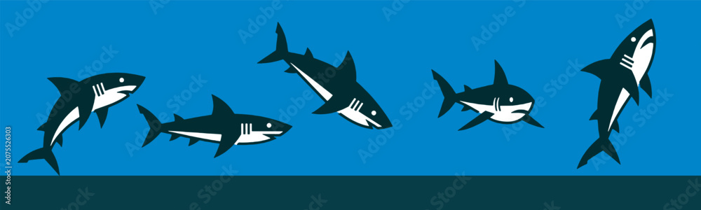 Fototapeta premium Illustration of a group of sharks swimming and jumping in the ocean, depicting marine life and underwater activity.