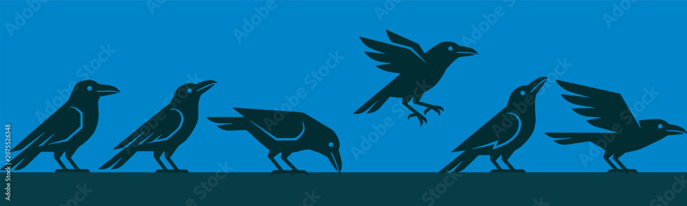 Obraz premium A sequence of black crows in various poses, illustrating movement and behavior against a blue background.