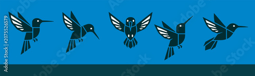Принти на полотні Hummingbird vector illustration set in various flying poses on a blue background, geometric style