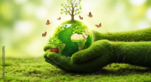 A moss covered hand cradling a globe with a tree and plant surrounded by butterflies in a natural setting with a blurred green background
