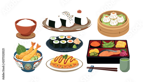Εκτύπωση καμβά Japanese Cuisine Food Icon Set Vector Featuring Steamed Rice Onigiri Rice Balls