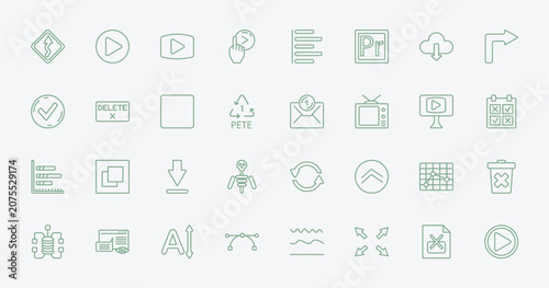 Tableau sur toile outline user interface icons set - curvy road ahead, right arrow play button, new email envelope, boxed line stocks