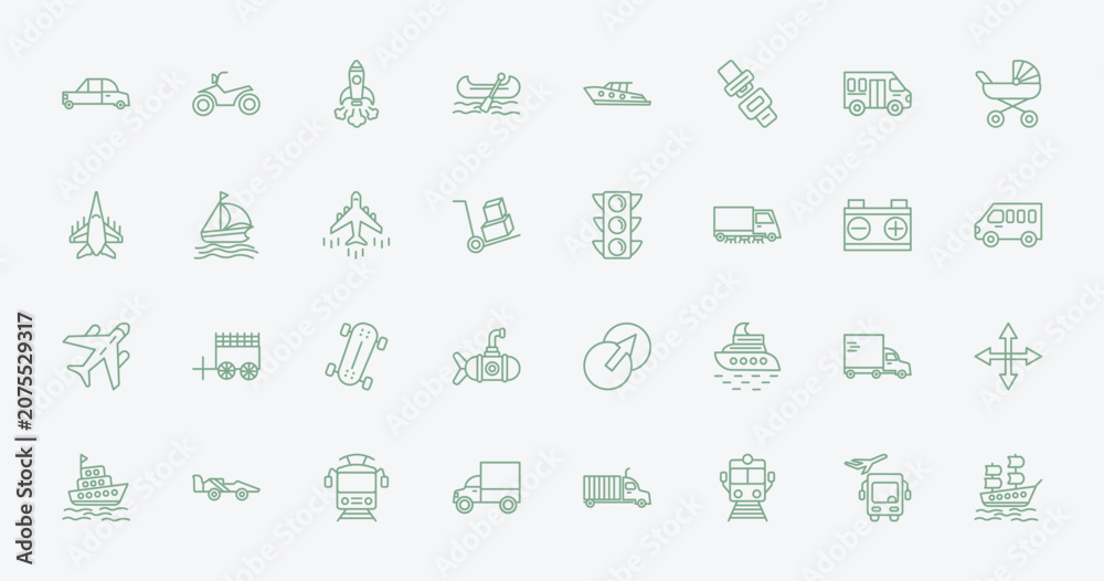 Obraz premium outline transport icons set - midget car, motorbike, semaphore, heavy vehicle. editable vector for web and mobile ui