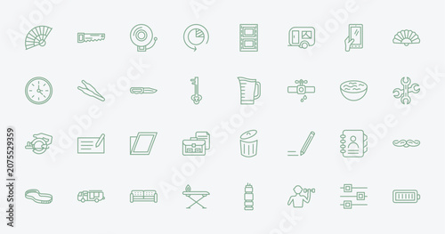 Obraz na plátně outline tools and utensils icons set - tessen fan, carpentry, pitcher with levels, telephone agenda