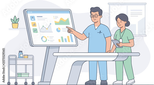 Male Doctor and Female Nurse Analyzing Medical Chart Statistics on Giant Digital Screen Vector Illustration