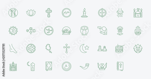 Foto outline religion icons set - fasting, lotus, vigil, muslim