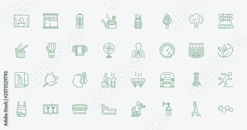 Foto outline sauna icons set - hamam, infrared heat cabin, respiration, birching