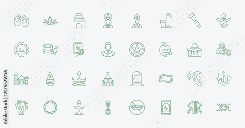 Photos outline religion icons set - muslim praying hands, shiva, satanism, ohr
