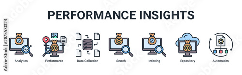 Obraz na plátně Performance Insights web banner icon vector illustration with icons of Analytics