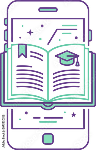 Open Book with Graduation Cap on Smartphone Screen During Online Learning Vector Illustration