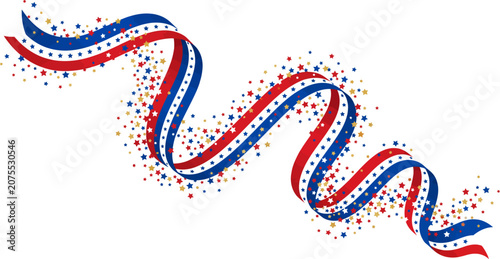 Red blue white ribbon with stars flowing on white background vector illustration celebration