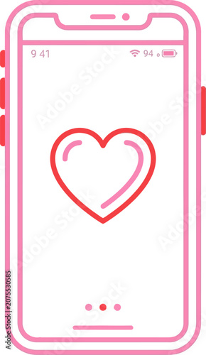 Smartphone displaying a red heart icon with clean UI elements during a romantic digital connection concept vector illustration