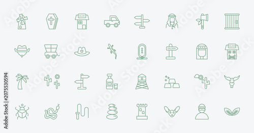 Bild auf Leinwand outline desert icons set - mill, wooden coffin, hiero, desert landscape