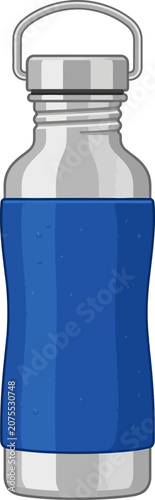 Stainless steel water bottle with blue grip and metal handle on white background vector illustration