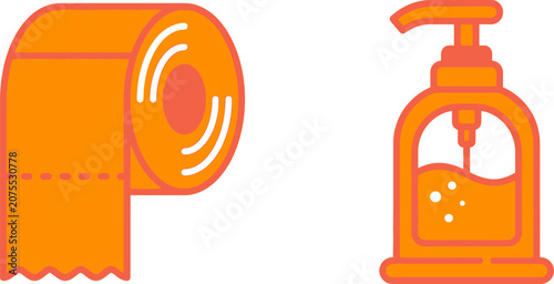 Toilet paper roll and hand sanitizer dispenser flat icon with copy space for health and hygiene concepts