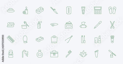 Vászonkép outline beauty icons set - three stones, candle flower, facial cream, inclined lipstick