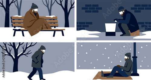 Obraz na plátně Homeless Person Shivering in Winter Cold Vector Scene Set Featuring Poor Man Wra