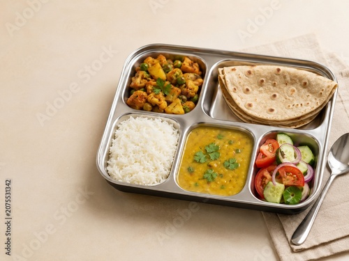 Simple Indian lunch tiffin box with roti, sabzi, rice, dal and salad