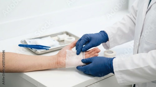 Medical Professional Applying Sterile Gauze Bandage to Injured Hand in Clinical Setting Website Banner, Healthcare and First Aid Treatment Concept with Copy Space