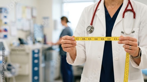 Female Doctor Holding Measuring Tape for Patient Weight Management and Metabolic Health Assessment - Website Banner Hero Header Wide Background