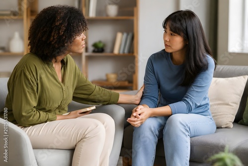 Caring Woman Therapist Comforting a Sad Young Asian Client During a Private Psychological Session