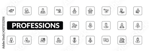 Slika na platnu outline professions icons set - miner, detective, telemarketer, engineer