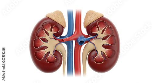 Anatomical illustration of human kidneys with adrenal glands, renal arteries, and veins isolated on white background