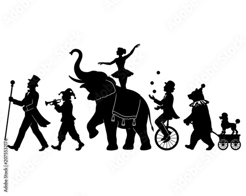 Circus parade with performers and animals silhouette in black on white background, concept of celebration and spectacle 